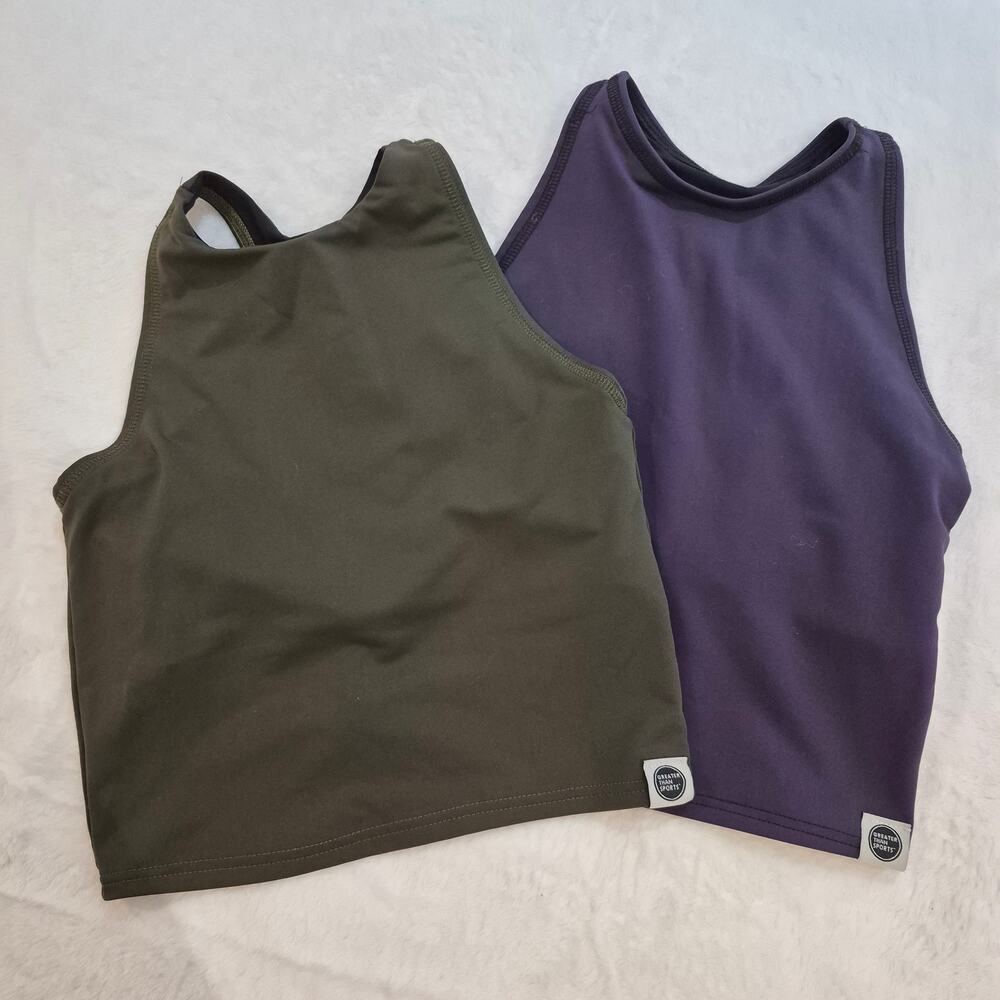Greater Than Sports Crop Tops Lot 2 Small Purple & Olive Nylon Stretch Racerback